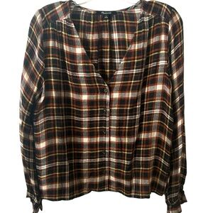 Madewell Women's Faded Rust Plaid‎ Ruffle-Cuff V-Neck Top in Size S